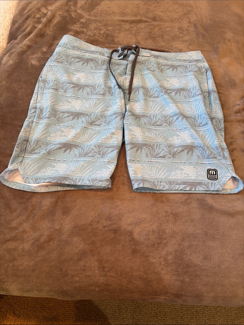 Travis Mathew Light Blue Palm-Print Swim Shorts (36)